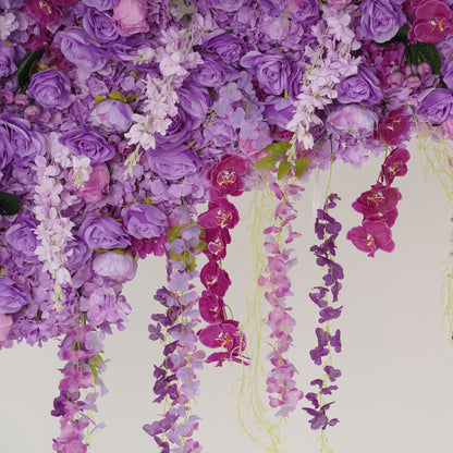 The purple flower wall's detailed view shows off vivid colors and a realistic fabric backing.