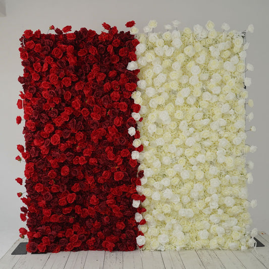 The red and white roses flower wall features a fabric backing, ensuring lifelike shapes and vibrant colors.