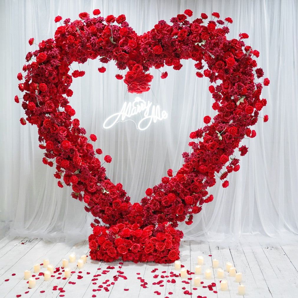 Flower Arch Red Roses Heart Shaped Floral Set Backdrop Proposal Wedding Party Decor