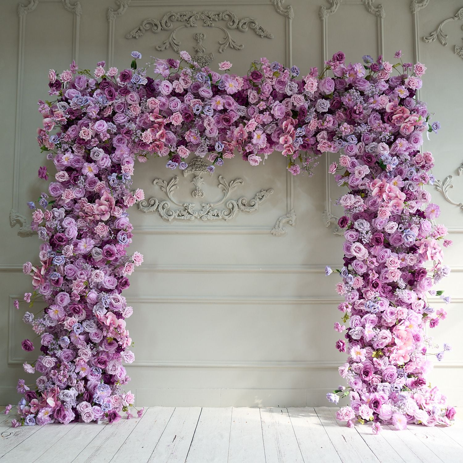 The purple roses florals flower wall looks elegant and romantic.