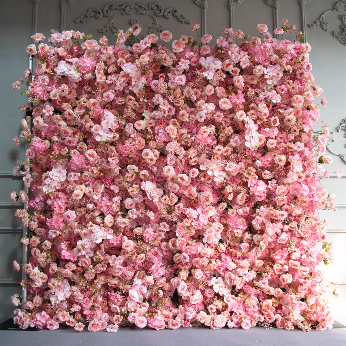 The 5D pink fabric flower wall looks cute and romantic.