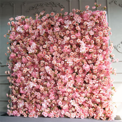 The 5D pink fabric flower wall looks cute and romantic.