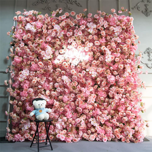 The 5D pink fabric flower wall looks cute and romantic.