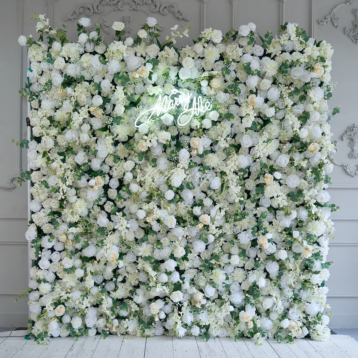 Flower Wall White & Champagne Fabric Rolling Up Curtain Floral Backdrop Wedding Party Proposal Decor