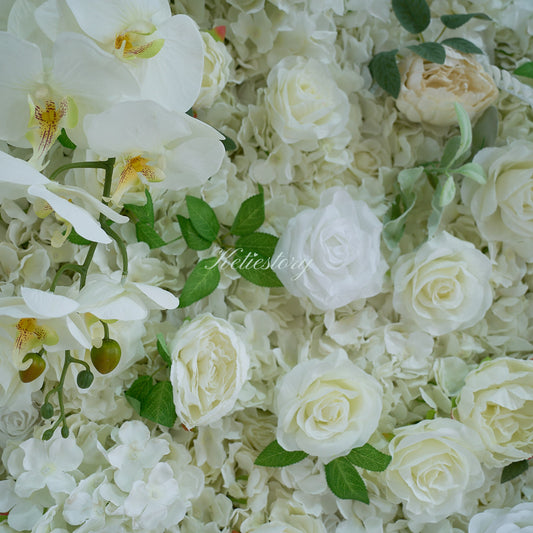 white rose flower wall's detailed view highlights its vibrant, realistic shapes and fabric backing.