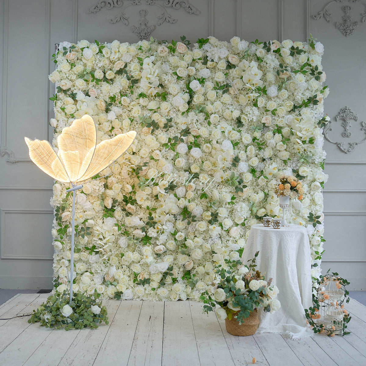 Flower Wall White Light Champagne Fabric Rolling Up Curtain Floral Backdrop Wedding Party Proposal Decor