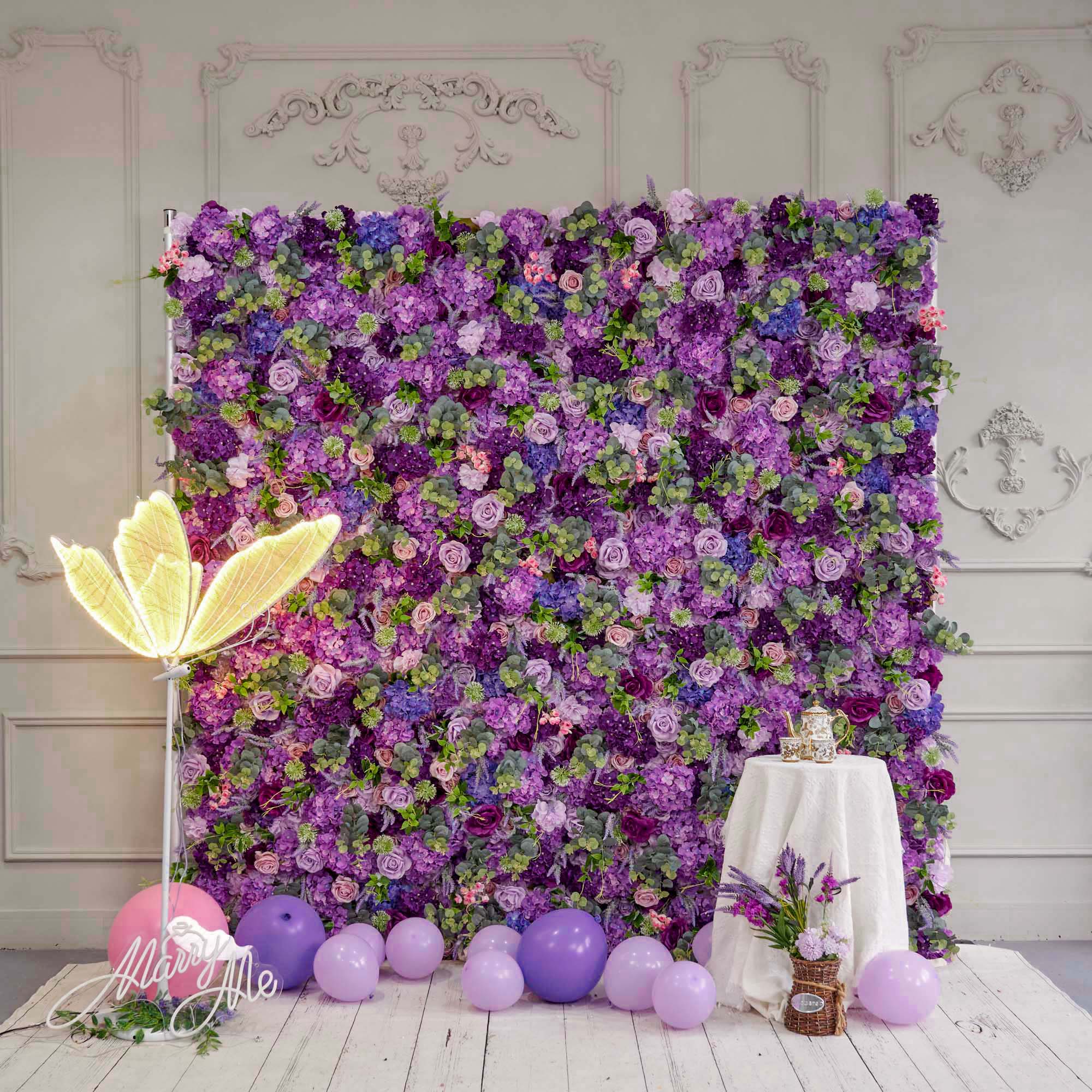 Flower Wall Purple Rolling Up Curtain Floral Backdrop Wedding Party Proposal Decor