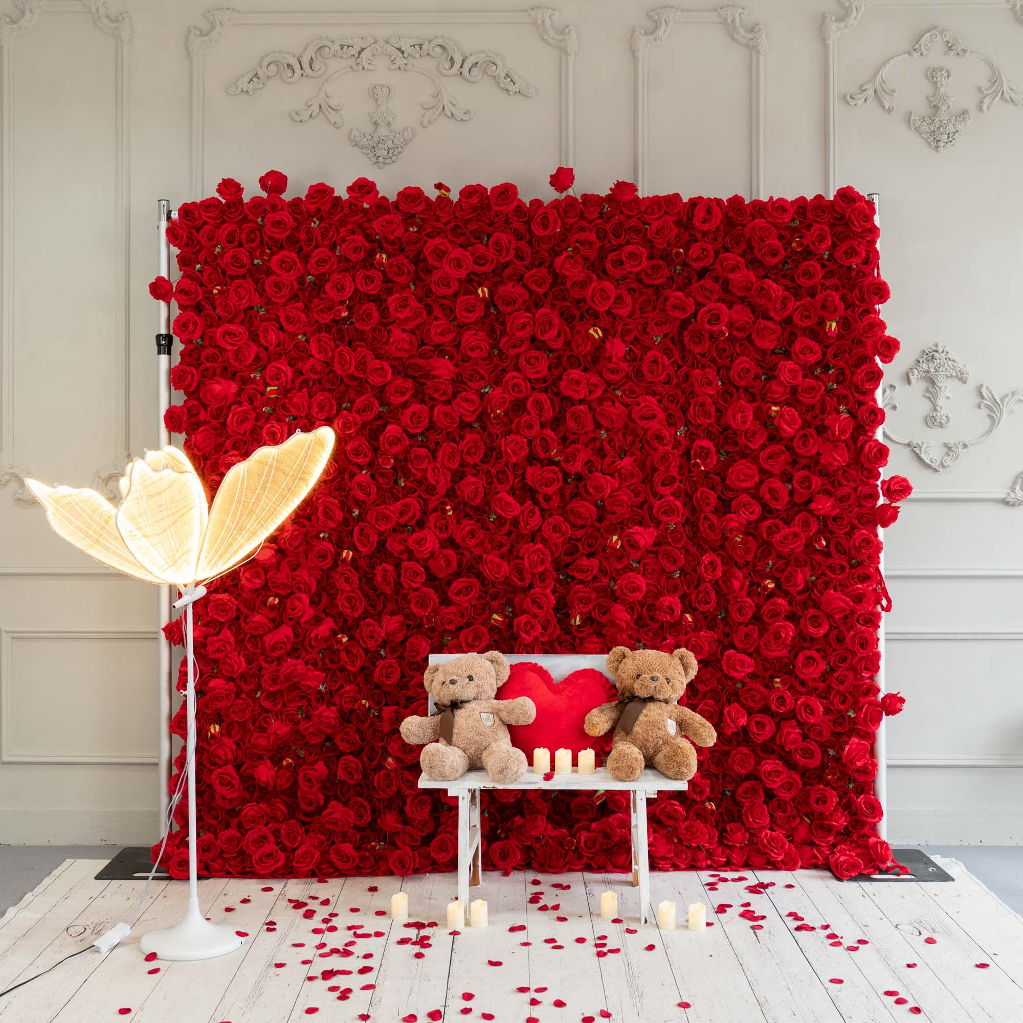 Flower Wall Bright Red Roses Fabric Rolling Up Curtain Floral Backdrop Wedding Party Proposal Decor