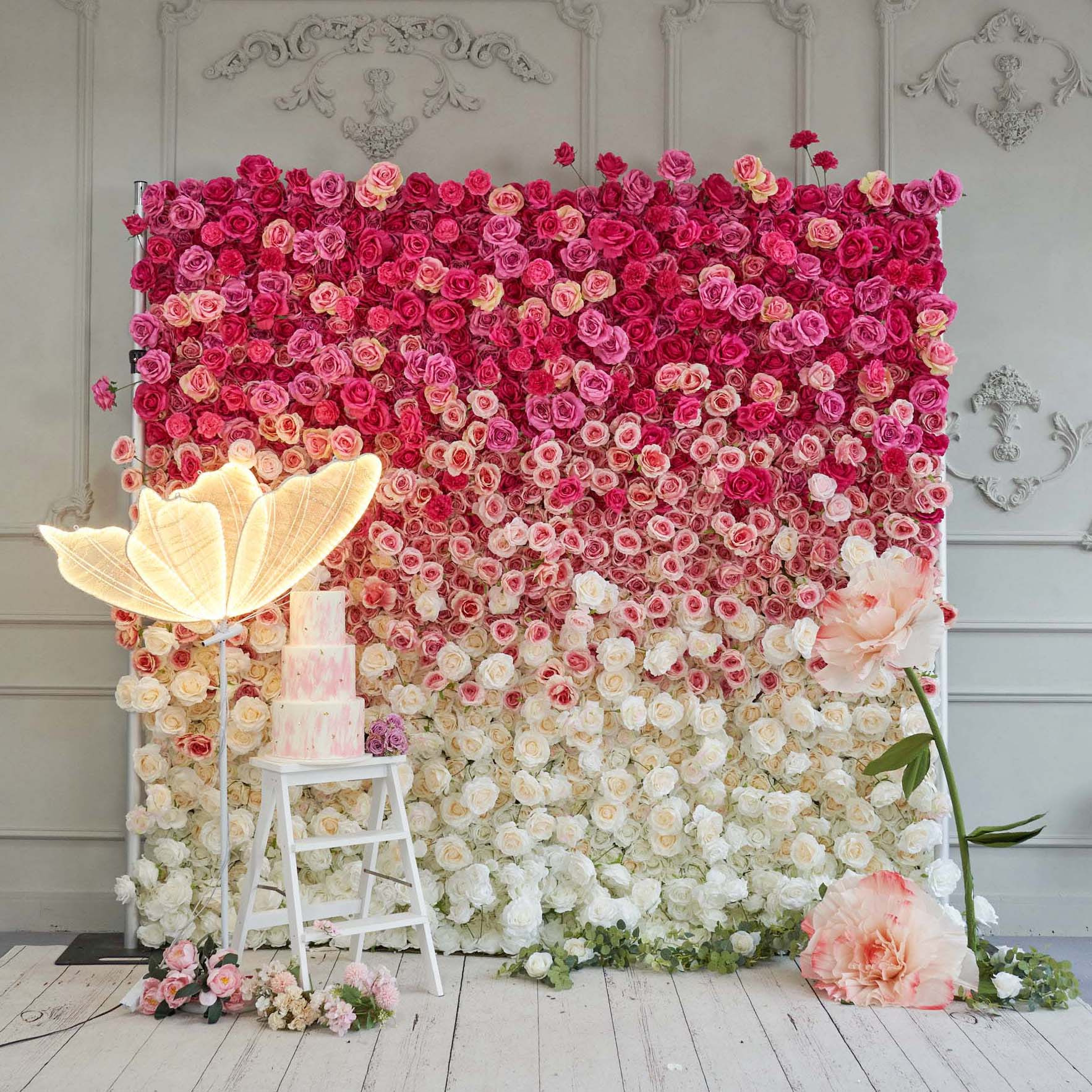 Flower Wall 5D Gradient Rose Red Fabric Rolling Up Curtain Floral Backdrop Wedding Party Proposal Decor
