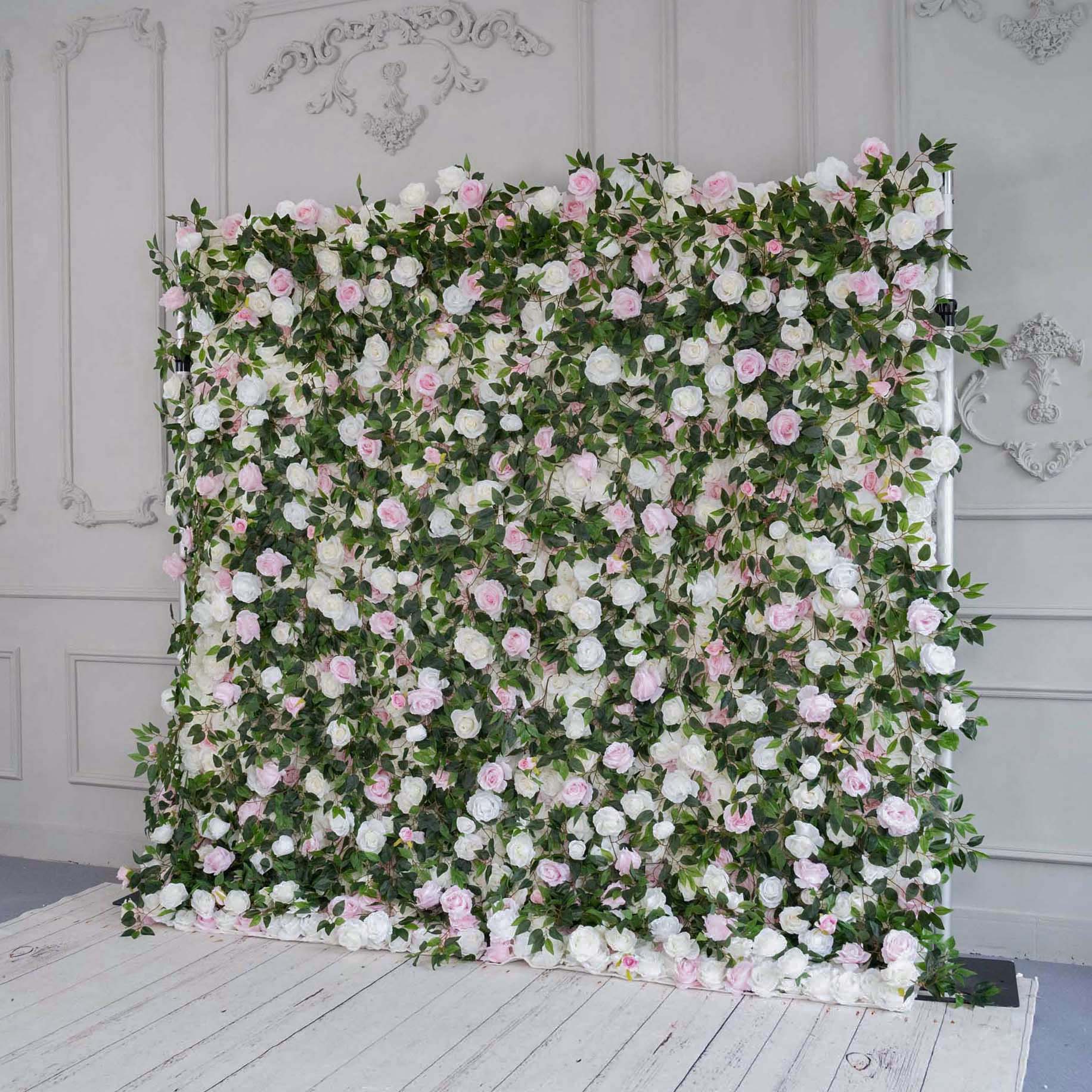 Flower Wall Pink Rose & Green Fabric Rolling Up Curtain Floral Backdrop Wedding Party Proposal Decor