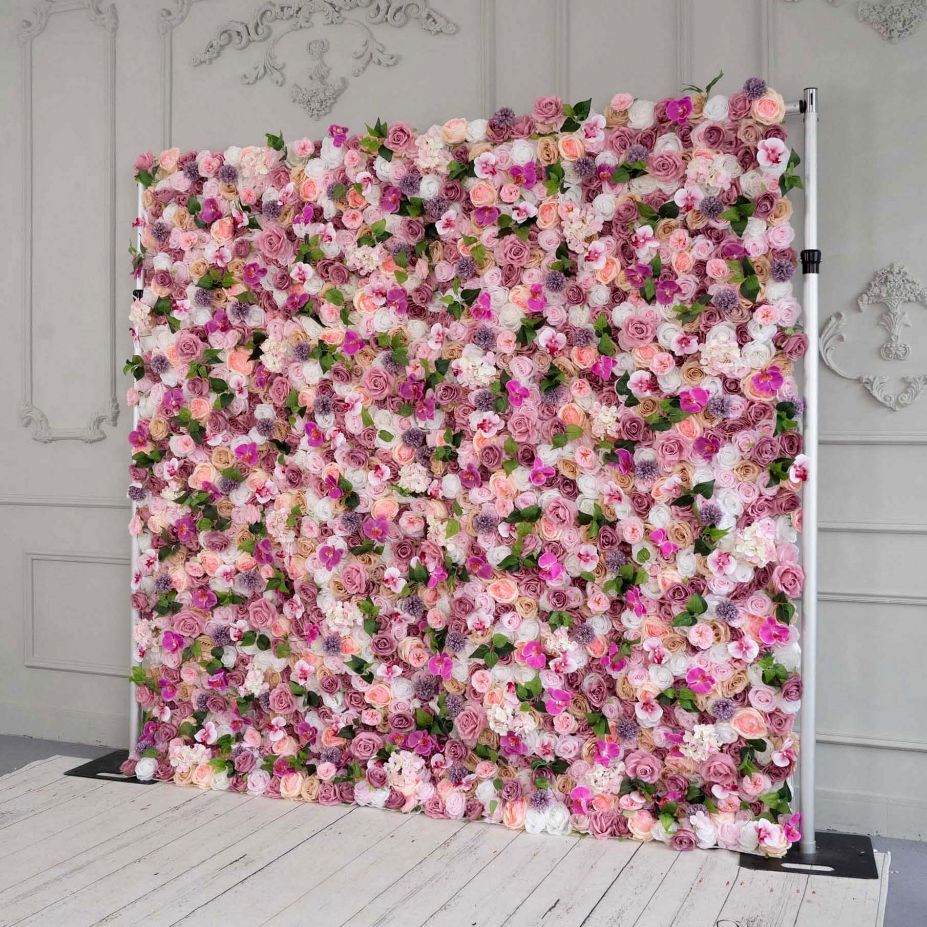 Colorful flower wall's side view boasts realistic shapes and a fabric backing