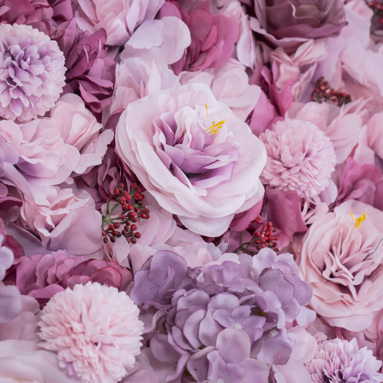 The lotus root pink rose flower wall's detailed view highlights its vibrant, realistic shapes and fabric backing.