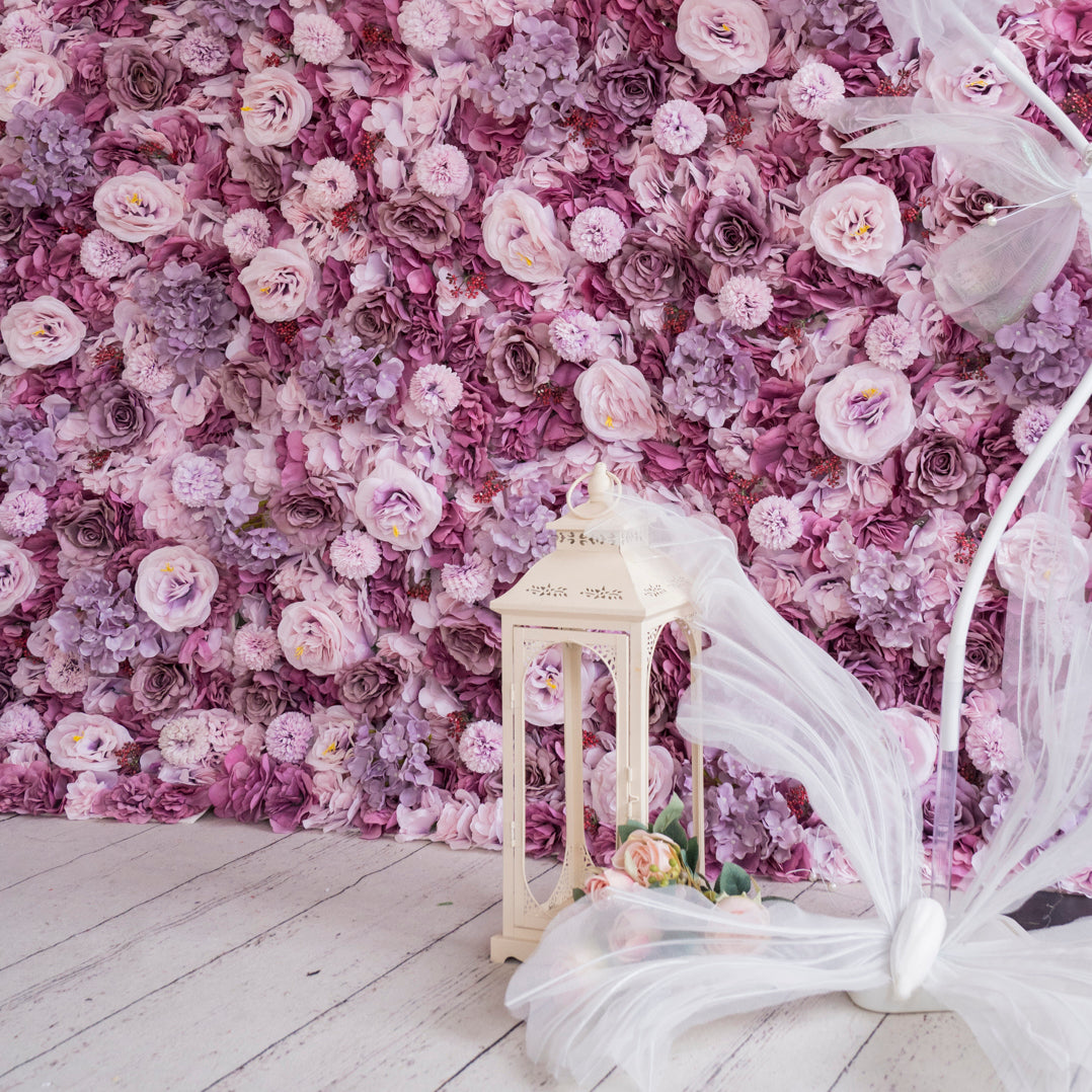 The lotus root pink rose flower wall's detailed view highlights its vibrant, realistic shapes and fabric backing.