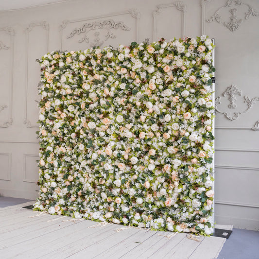 The white & light champagne peony flower wall side view is designed for realism and durability with a fabric backing.