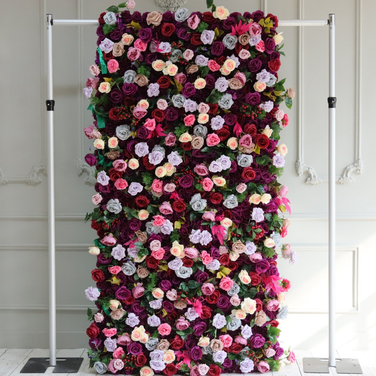 The purple roses fabric flower wall can be hung up with a shelf.