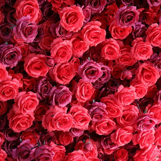 The red and wine red rose flower wall looks warm and realistic.