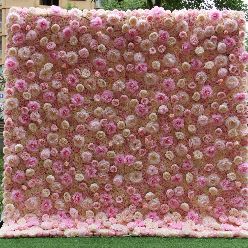 The pink champagne peony fabric flower wall looks cute and romantic.