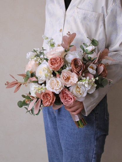 Bride Bouquet White Pink Roses for Wedding Party - KetieStory