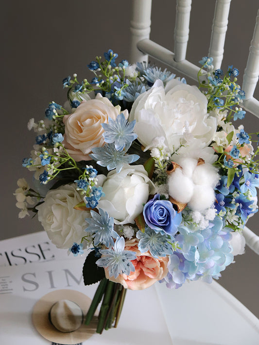 Bridal Bouquet Blue White Peony for Wedding Party Proposal - KetieStory