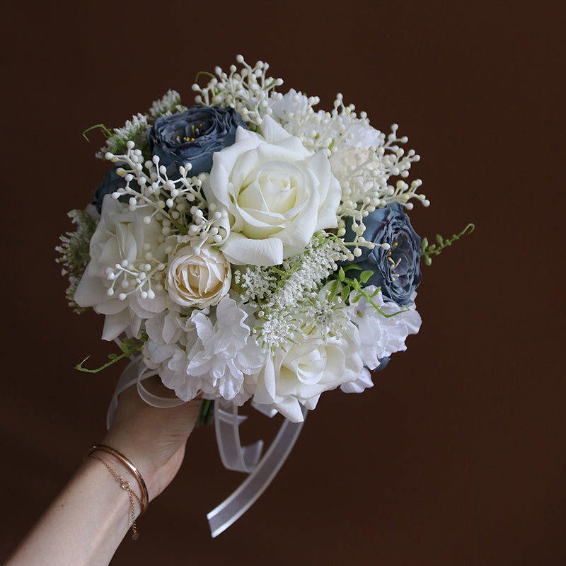 Misty Blue and White Rose Bridal Bouquet