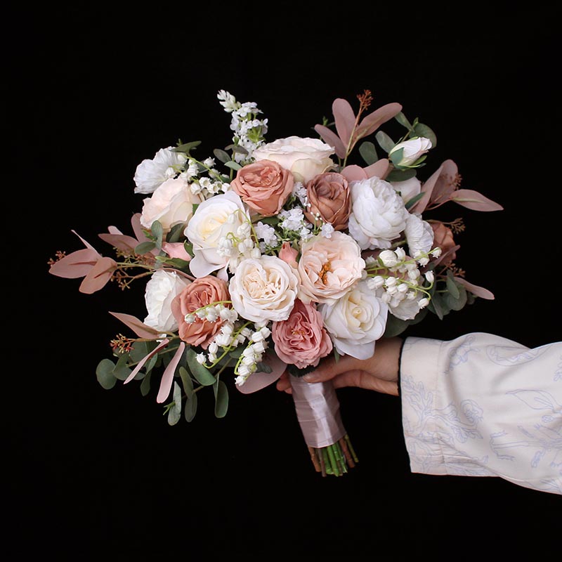 Bride Bouquet White Pink Roses for Wedding Party - KetieStory