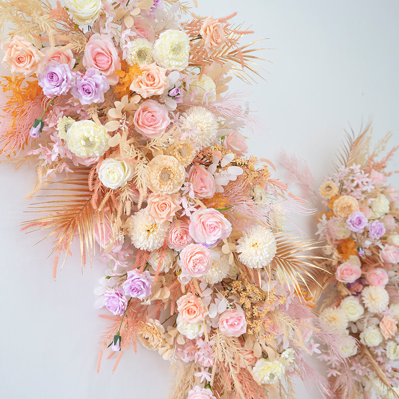 Golden Pink Wall Hanging Flower Arrangement for Wedding Party Decor Proposal
