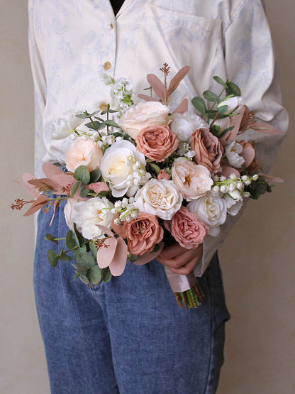 Bride Bouquet White Pink Roses for Wedding Party - KetieStory