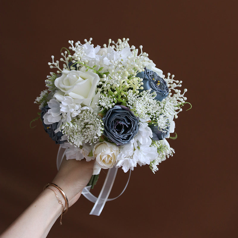 Misty Blue and White Rose Bridal Bouquet