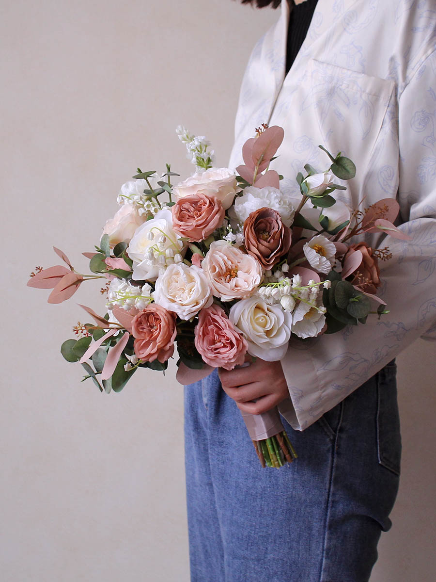 Bride Bouquet White Pink Roses for Wedding Party - KetieStory