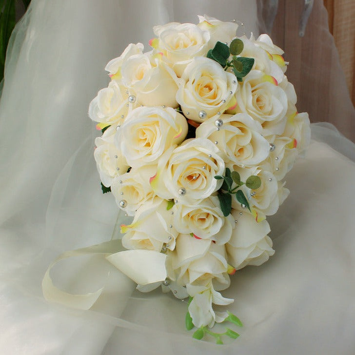 Cascade Bridal Bouquet in White & Champagne for Wedding Party Proposal