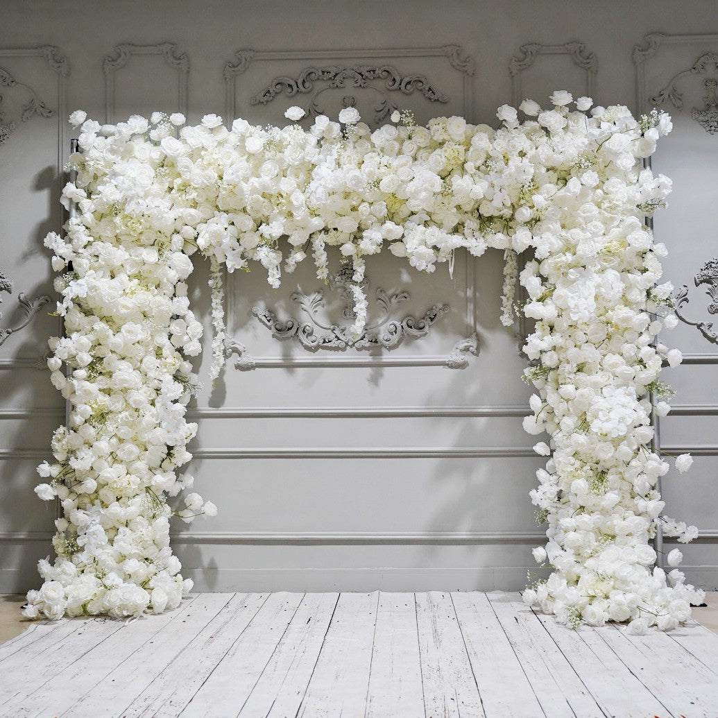 The white roses flower wall looks pure and elegant.