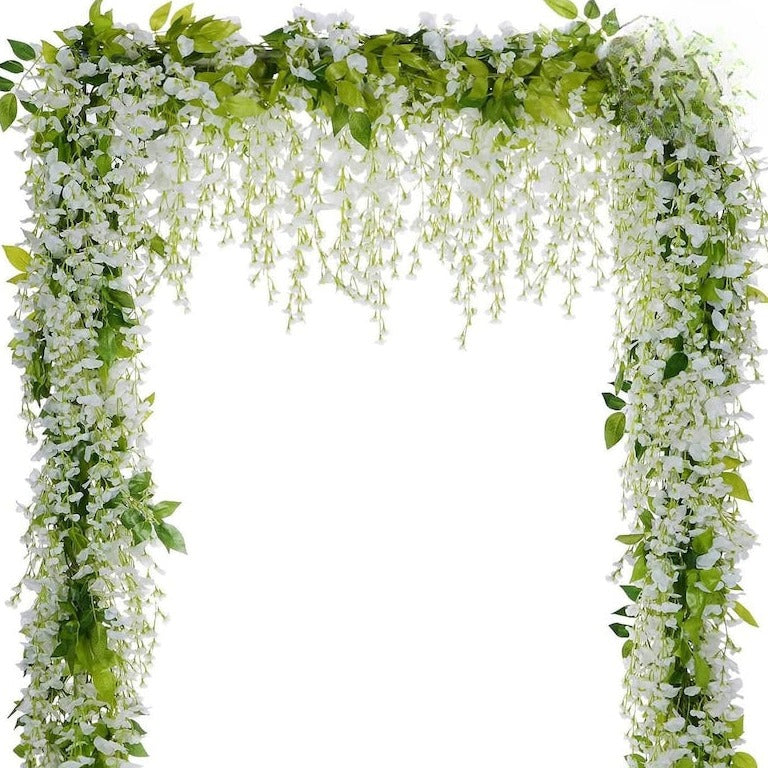 4Pcs - Wedding Arch Floral Decor White Artificial Wisteria Vine Silk Hanging Flower Proposal Decor