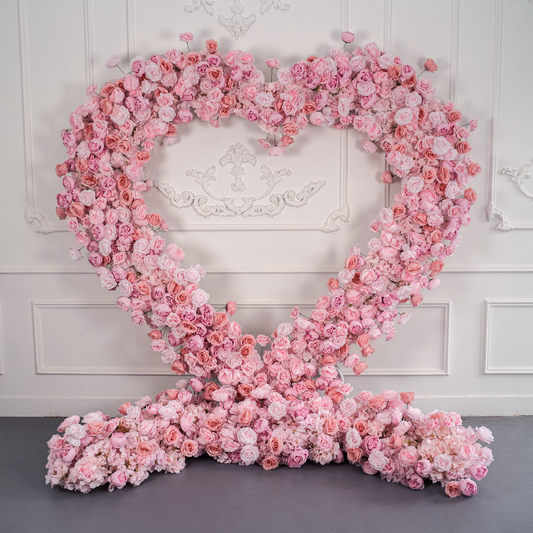 Heart Shaped Flower Arch 8x8ft Pink Roses Floral Fabric Backdrop Proposal Wedding Party Decor