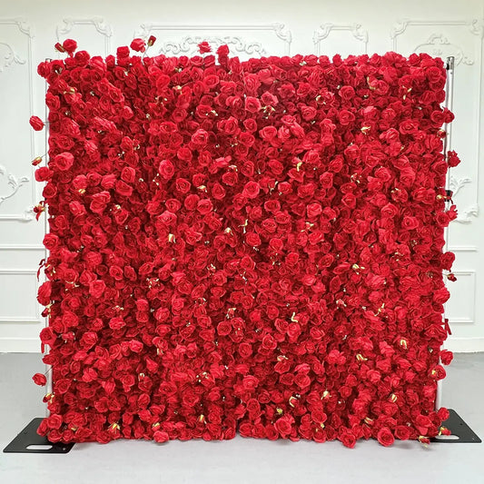 Lightning Deals: Flower Wall 3D Bright Red Roses Fabric Rolling Up Curtain Floral Backdrop Wedding Party Proposal Decor