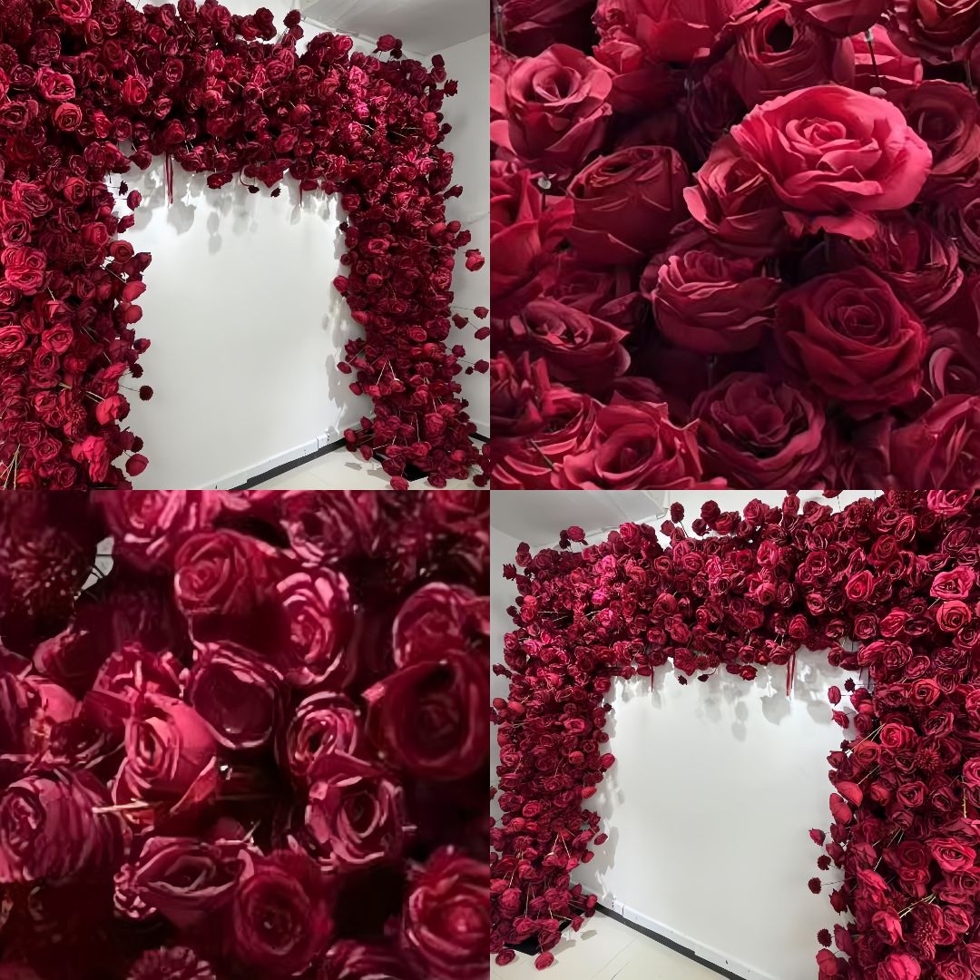 The wine red roses flower wall looks vivid and realistic.