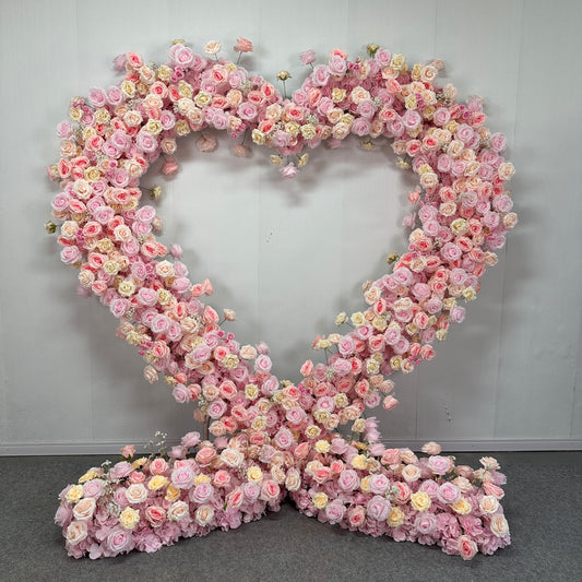 Flower Arch 8x8ft 5D Heart Shaped Pink Roses Floral Fabric Backdrop Proposal Wedding Party Decor