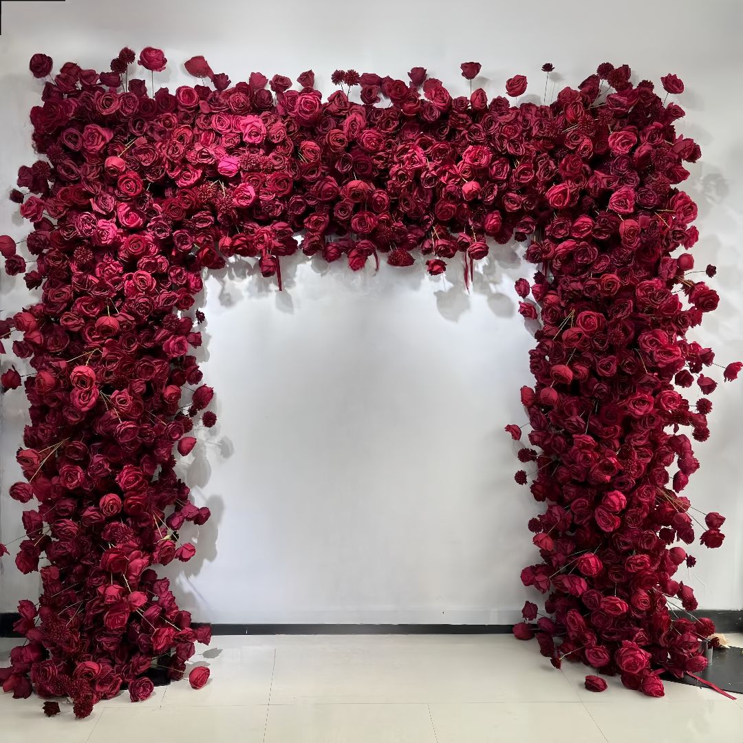The wine red roses flower wall looks romantic and warm.