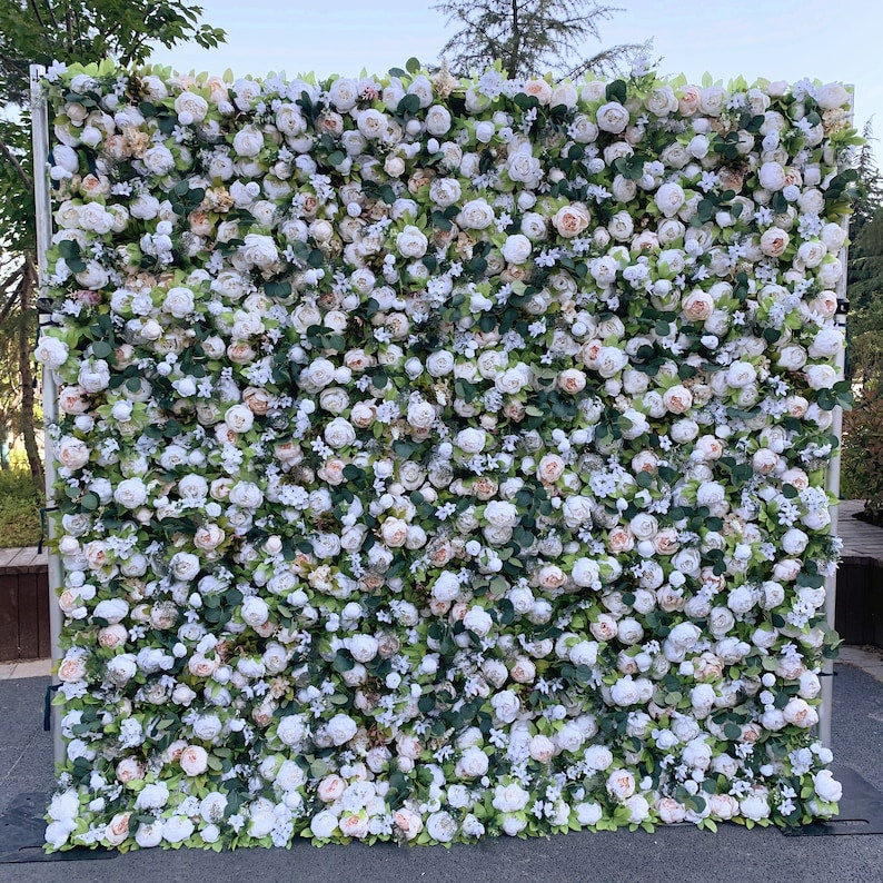 Flower Wall White & Light Champagne Peony Fabric Rolling Up Curtain Floral Backdrop Wedding Party Proposal Decor