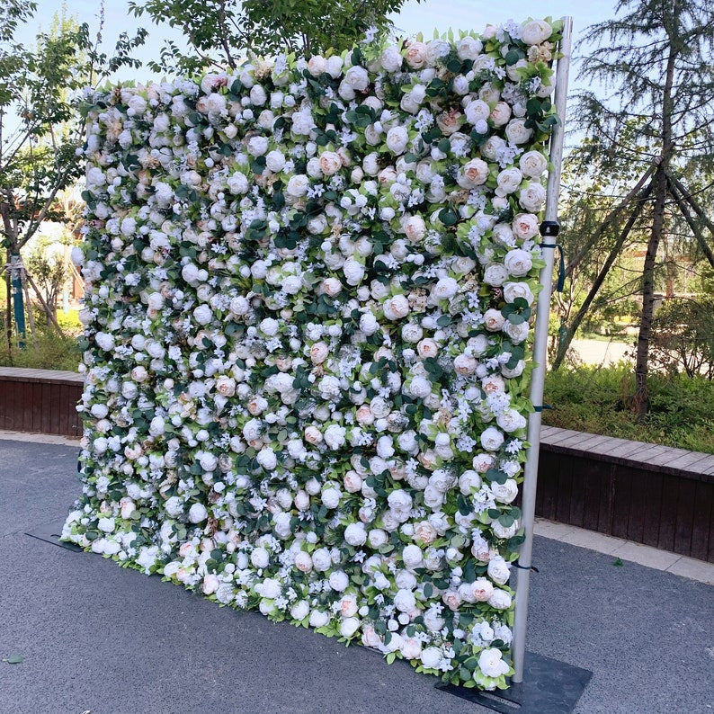 Flower Wall White & Light Champagne Peony Fabric Rolling Up Curtain Floral Backdrop Wedding Party Proposal Decor