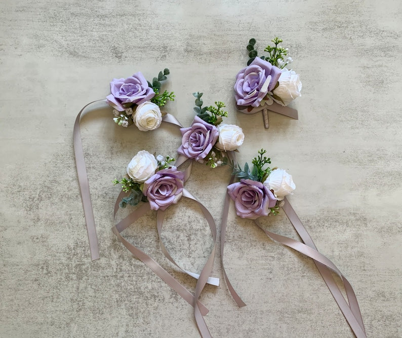 Boutonnieres Lavender and Purple Rose for Wedding Party Proposal Decor