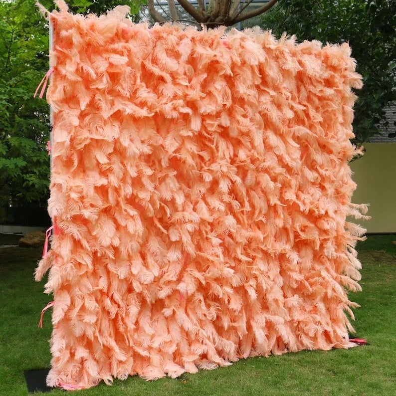 Flower Wall Bright Orange Ostrich Feather Fabric Rolling Up Curtain Floral Backdrop Wedding Party Proposal Decor