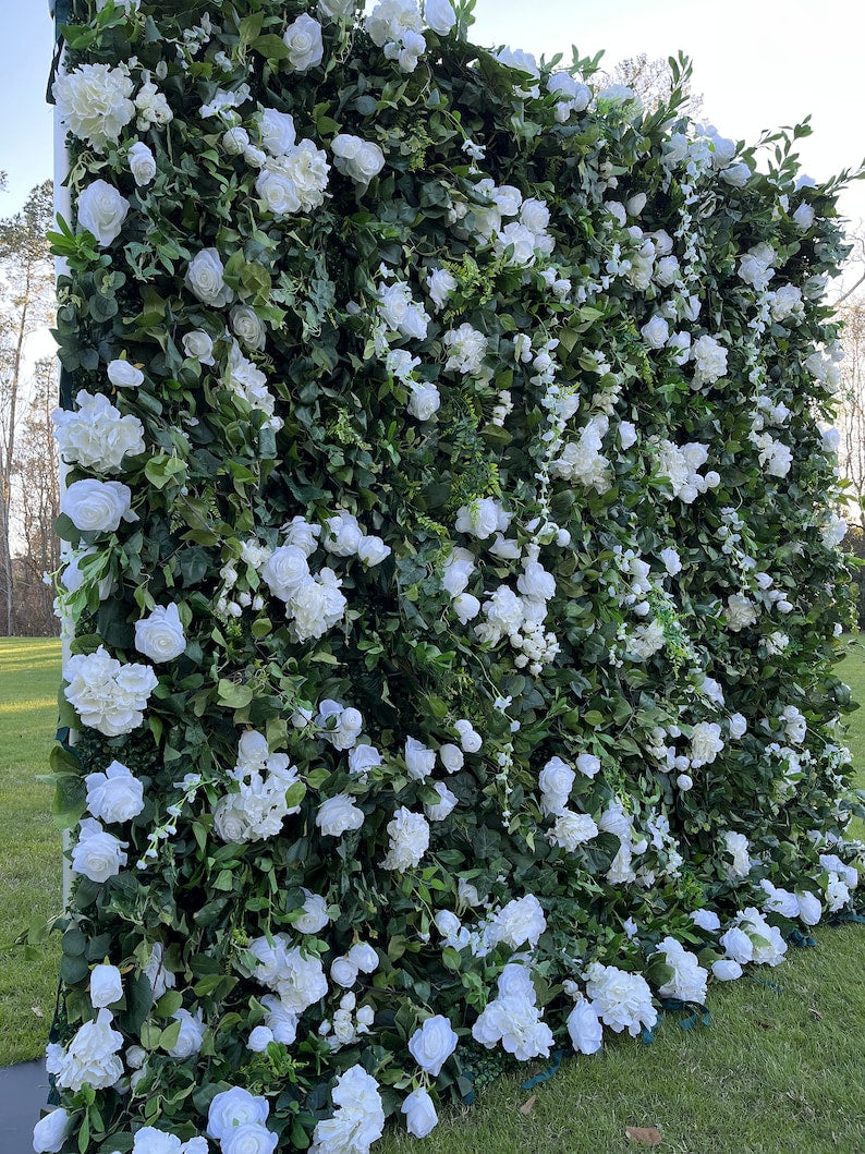 Flower Wall Green Leaves and White Rose Fabric Rolling Up Curtain Floral Backdrop Wedding Party Proposal Decor