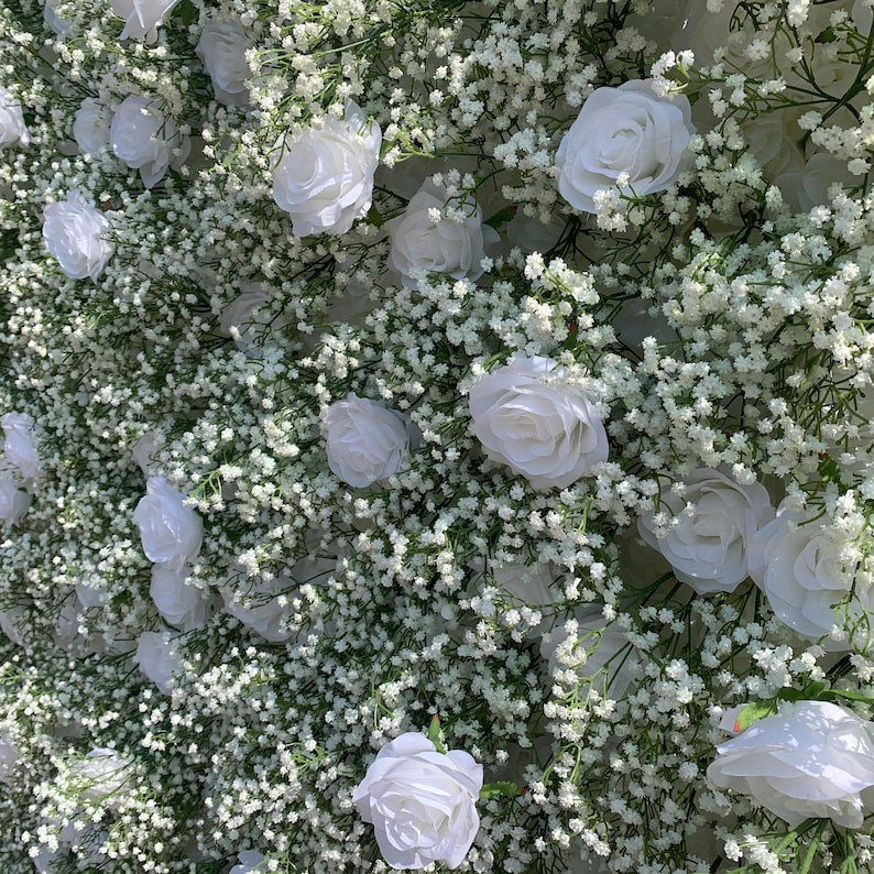 Flower Wall Baby's Breath and White Rose Fabric Rolling Up Curtain Floral Backdrop Wedding Party Proposal Decor