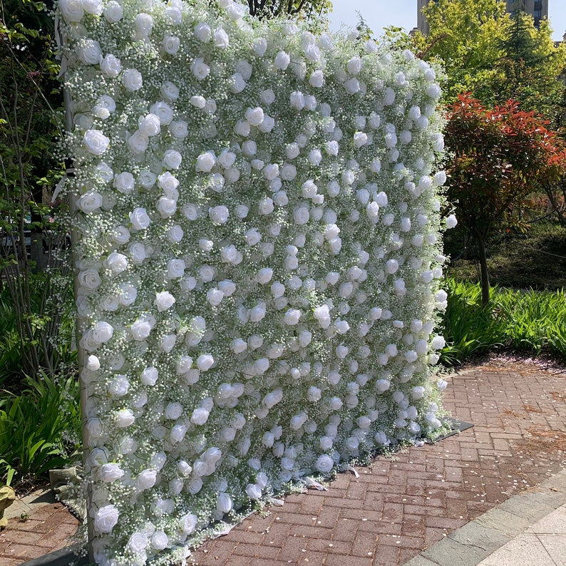 Baby's breath and white rose fabric flower wall looks elegant and beautiful.