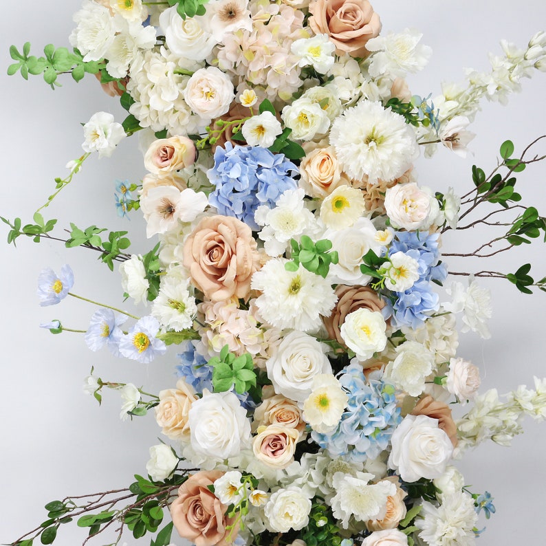 Champagne Rose Floral Arrangement White Blue Series Horn Arch Set - KetieStory