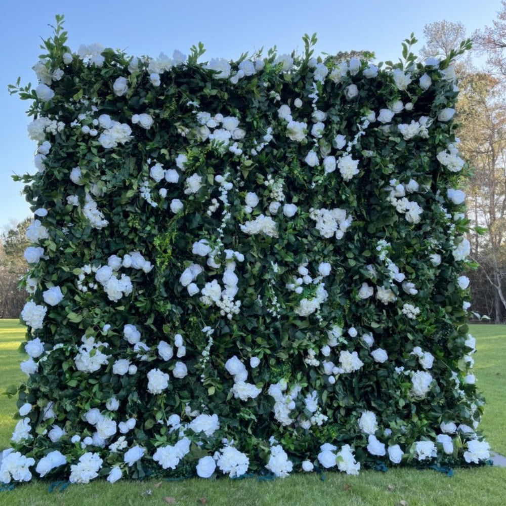The green leaves and white rose fabric flower wall looks pure and beautiful.