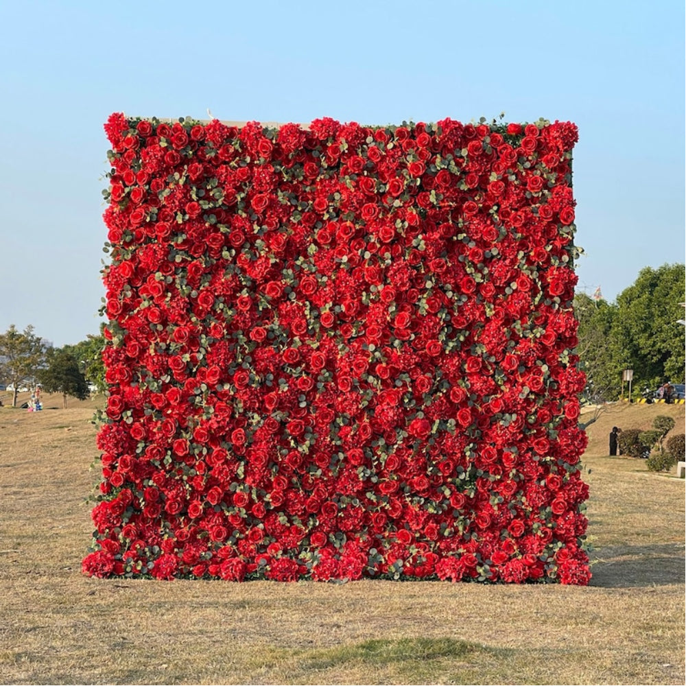 Bright red flower wall features a fabric backing, ensuring lifelike shapes and vibrant colors. 