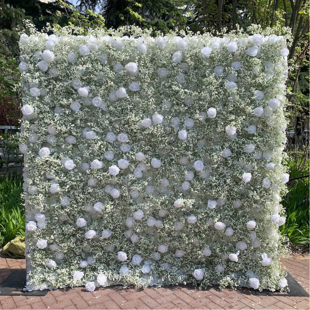 Baby's breath and white rose fabric flower wall looks elegant and beautiful.