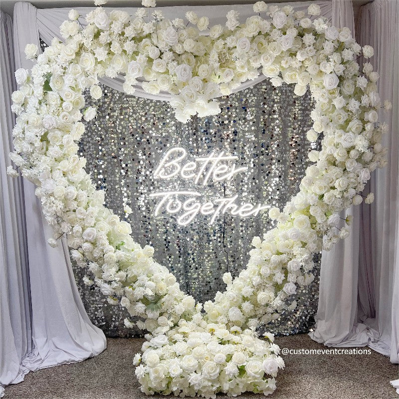 Flower Arch White Roses Heart Shaped Floral Set Backdrop Proposal Wedding Party Decor