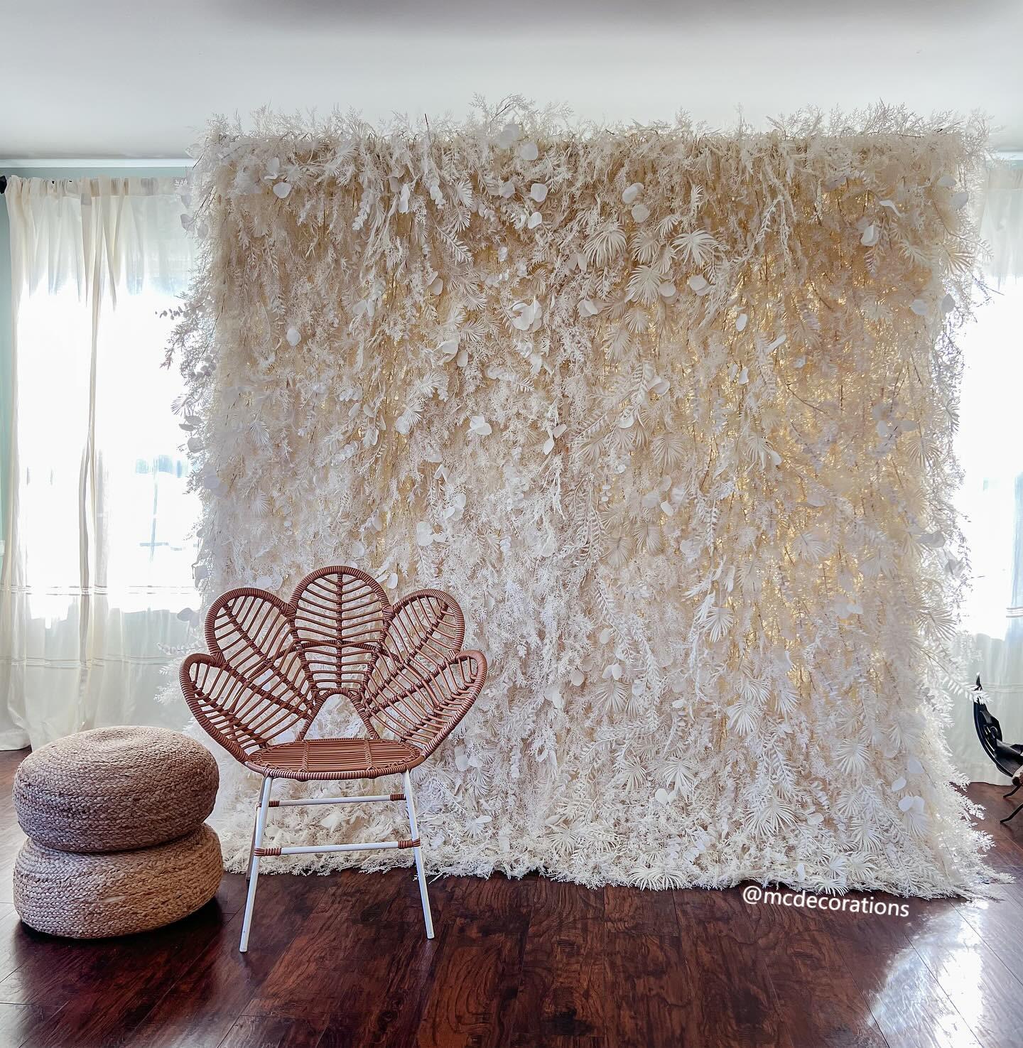 The white pampas fabric artificial flower wall looks pure and elegant.